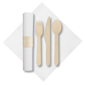 7.75" x 7.75" Pre-rolled FashnPoint CaterWrap White Napkins with Earthwise Wood Cutlery 50 ct.