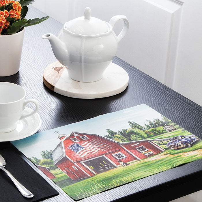 Patriotic Barn American Placemats 1,000 ct on a table