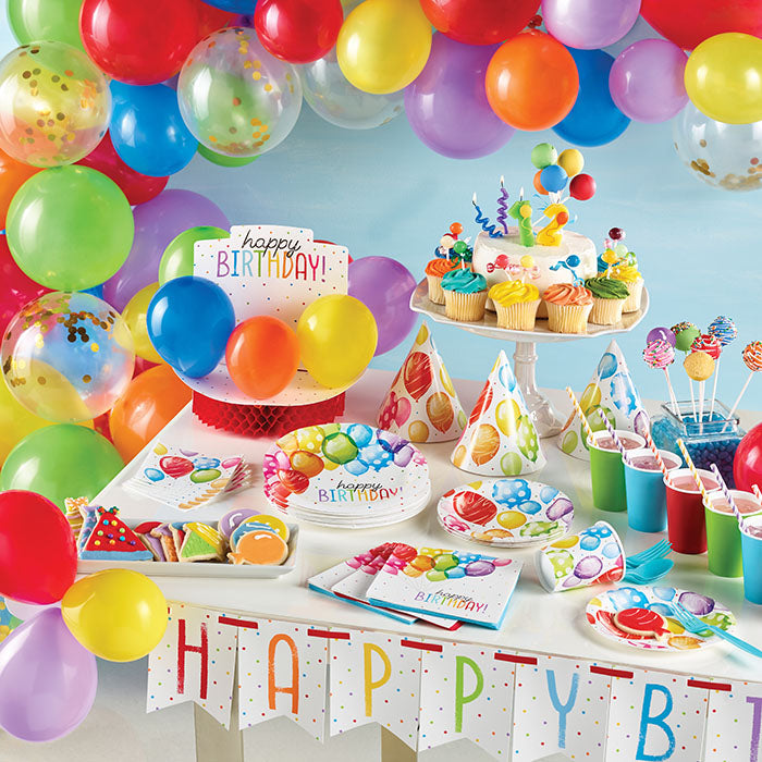 Balloon Bash party supplies on a table