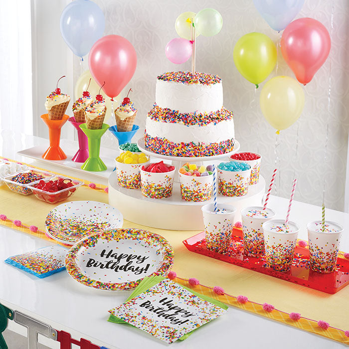 Confetti Sprinkles Birthday Party Supplies on a table