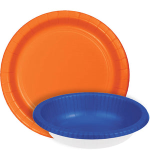 Orange paper plate and blue paper bowl