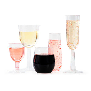 Various sizes and styles of plastic stemware