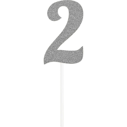 Number 2 Silver Glitter Cake Toppers 12 ct