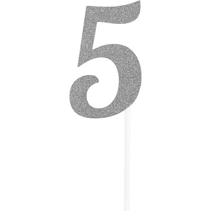 Number 5 Silver Glitter Cake Toppers 12 ct