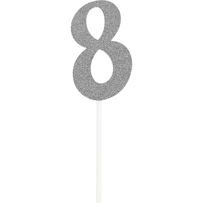 Number 8 Silver Glitter Cake Toppers 12 ct