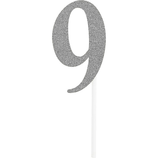 Number 9 Silver Glitter Cake Toppers 12 ct