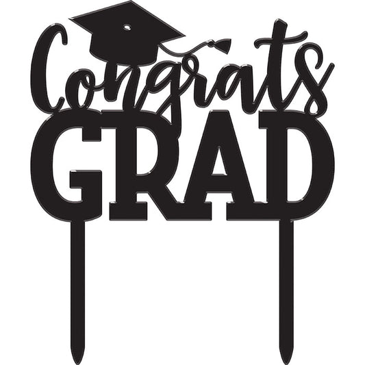 Congrats Grad Black Acrylic Graduation Cake Toppers 12 ct