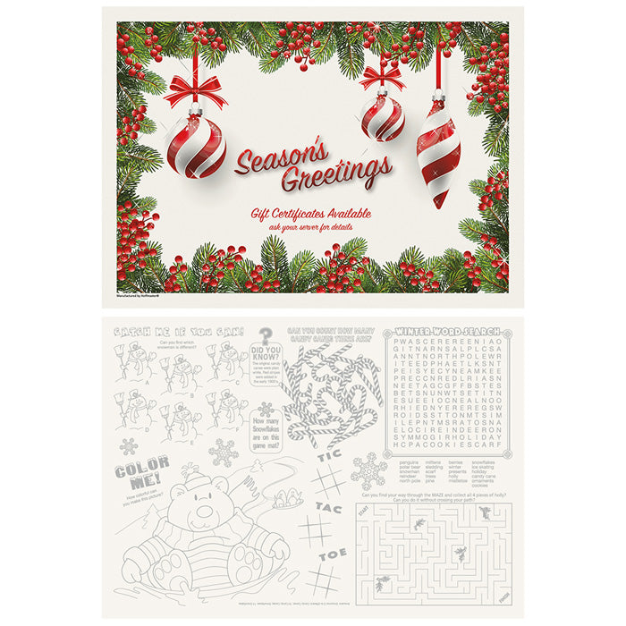 10" x 14" Holiday Ornaments Gift Certificate Paper Placemats 1000 ct