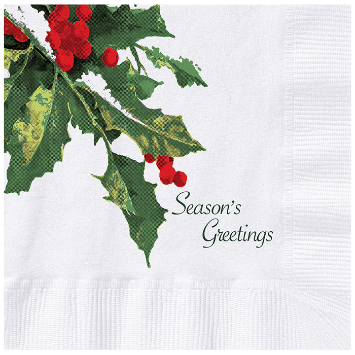 5" Holly Greetings White Beverage Napkins 1000 ct