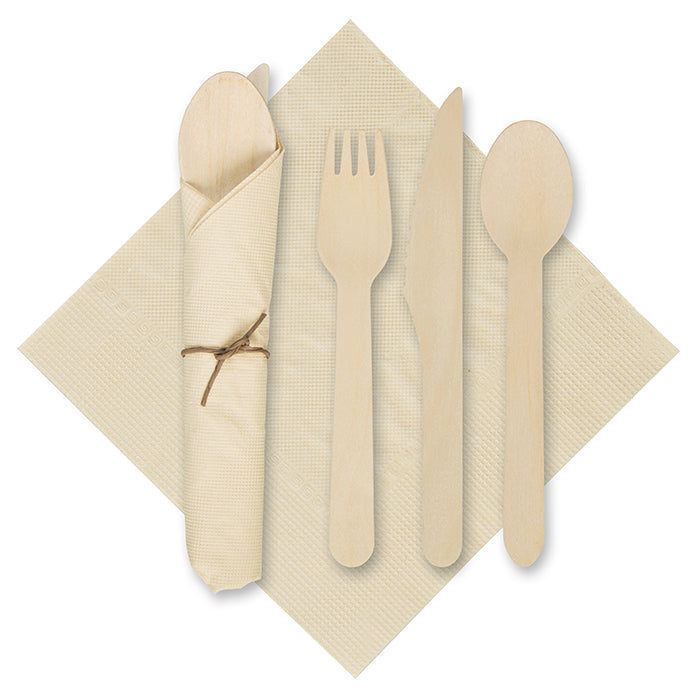 6" x 6" Pre-rolled Tissue CaterWrap Kraft Napkins with Wood Cutlery 100 ct