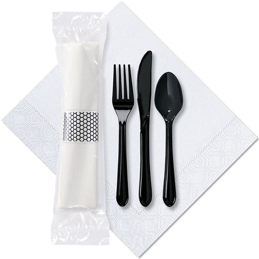 Sanitary Solutions: 7.5" x 4.25" Pre-rolled Cater to Go Express White Dinner Napkin with Black Cutlery 100 ct