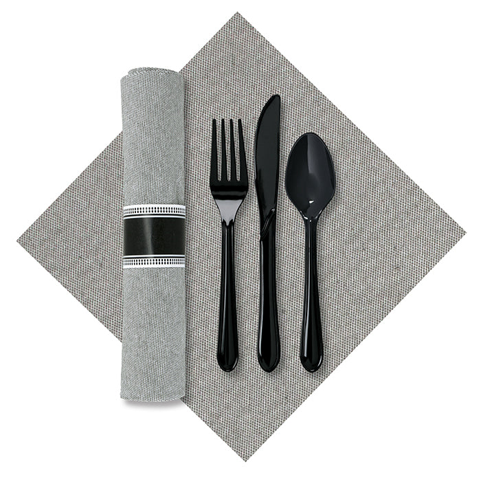 7.5" x 4.25" Pre-rolled Linen-Like Natural CaterWrap Gray Onyx Dinner Napkins with Black Cutlery 100 ct