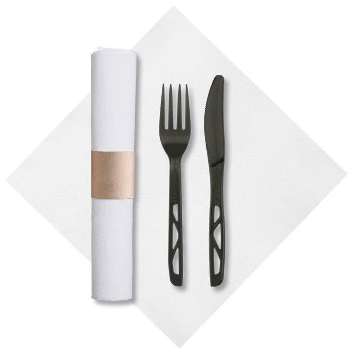 7.75" x 7.75" Pre-rolled FashnPoint CaterWrap White Dinner Napkins Black Knife and Fork 50 ct