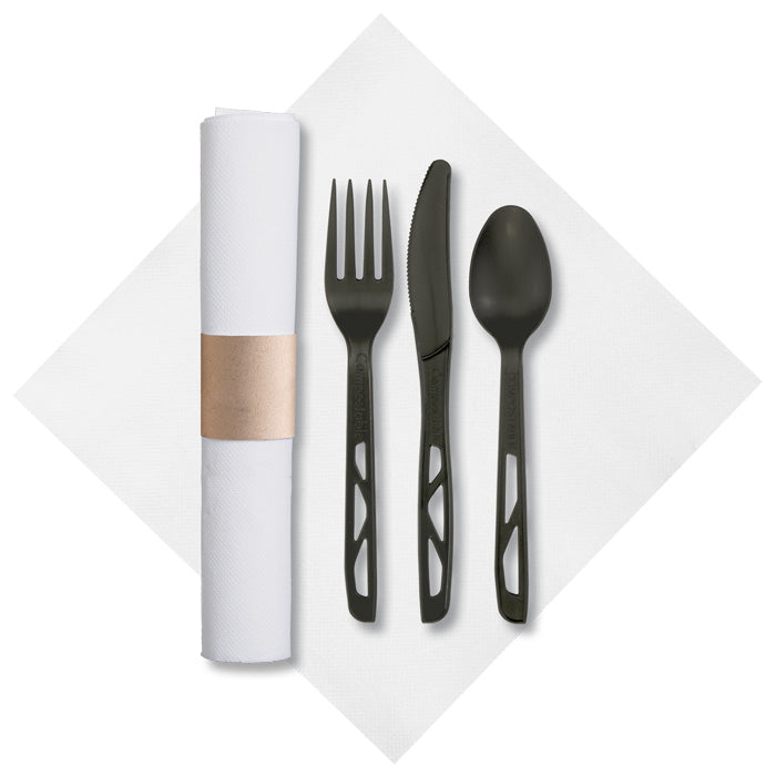 7.75" x 7.75" Pre-rolled FashnPoint Kraft CaterWrap White Dinner Napkins with Black Cutlery 50 ct