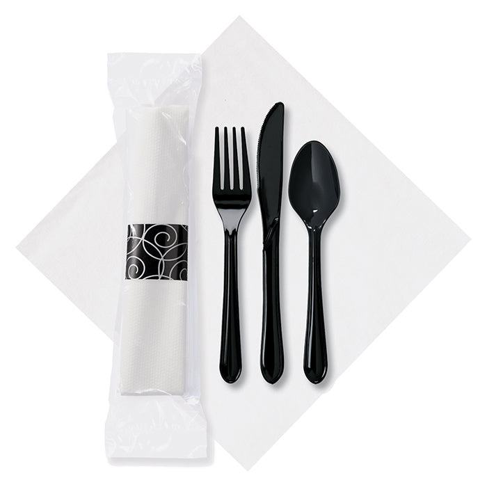 8.5 in x 8.5 in Wrapped Pre-rolled Linen-Like CaterWrap White Napkins with Black Cutlery 100 ct