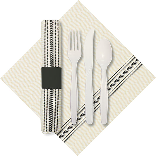 8" x 4" Pre-rolled CaterWrap Black Ticking Stripe Dinner Napkins with EarthWise Cutlery 100 ct