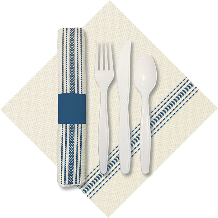 8" x 4" Pre-rolled CaterWrap Blue Ticking Stripe Dinner Napkins with EarthWise Cutlery 100 ct