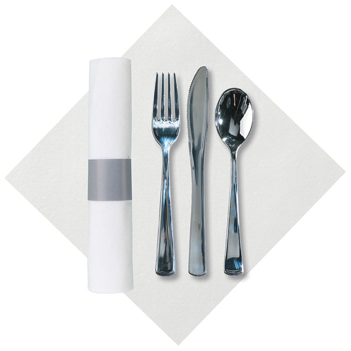 8" x 8.5" Pre-Rolled Linen-Like CaterWrap White Dinner Napkins with Metallic Cutlery 100 ct