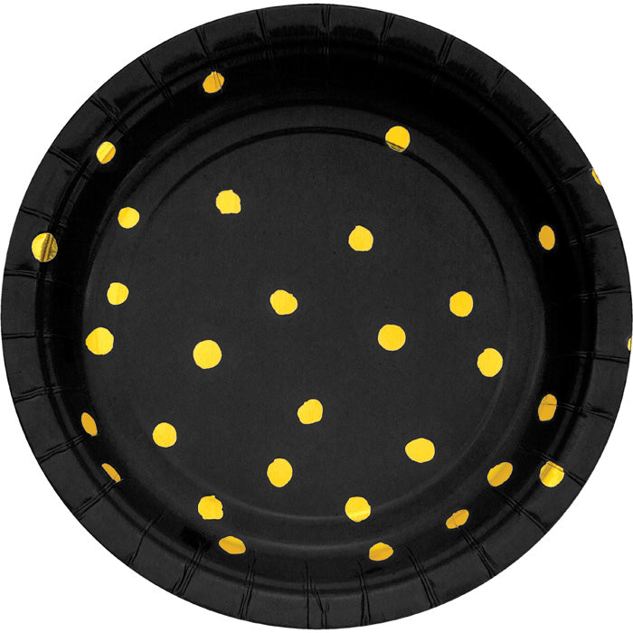 Black and Gold Foil Dot Dessert Plates 96 ct