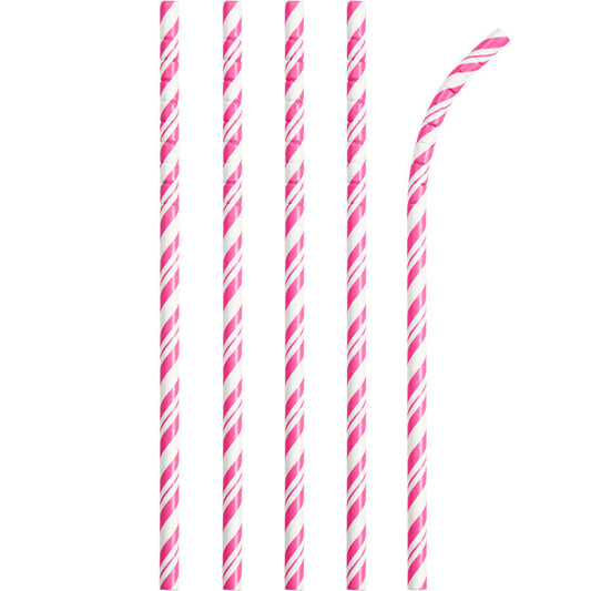 Candy Pink and White Striped Flex Paper Straws 144 ct