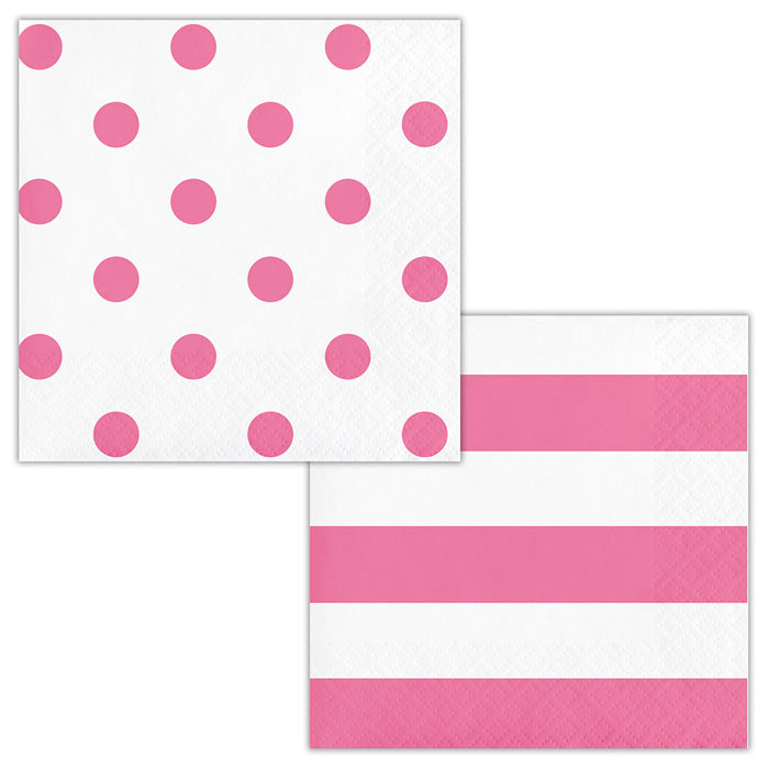 Candy Pink Polka Dots and Stripes Beverage Napkins 192 ct