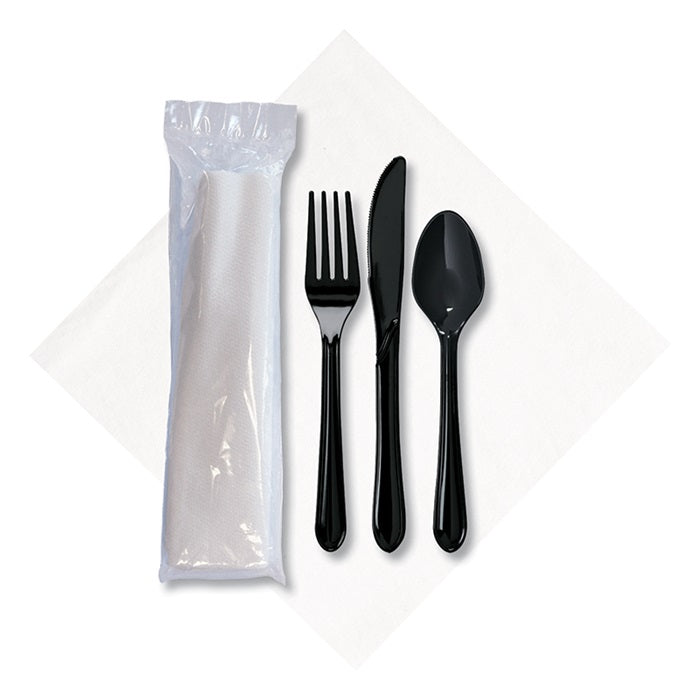 Cater to Go Singles White Napkins with Black Plastic Cutlery Sets 100 ct