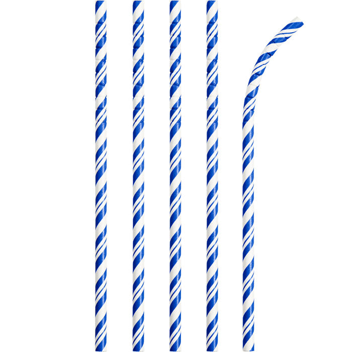 Cobalt Blue and White Striped Flex Paper Straws 144 ct