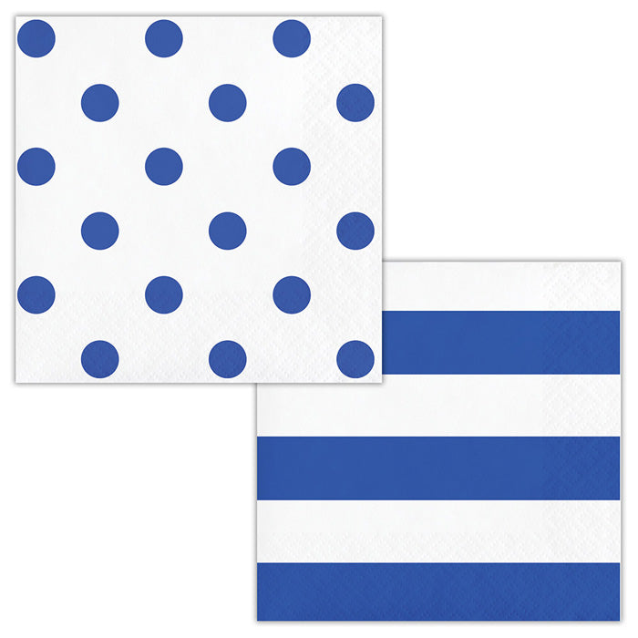 Cobalt Blue Polka Dots and Stripes Beverage Napkins 192 ct