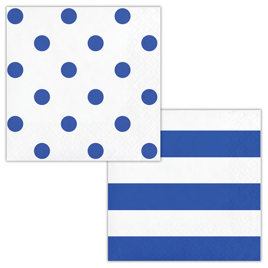 Cobalt Blue Polka Dots and Stripes Beverage Napkins 192 ct