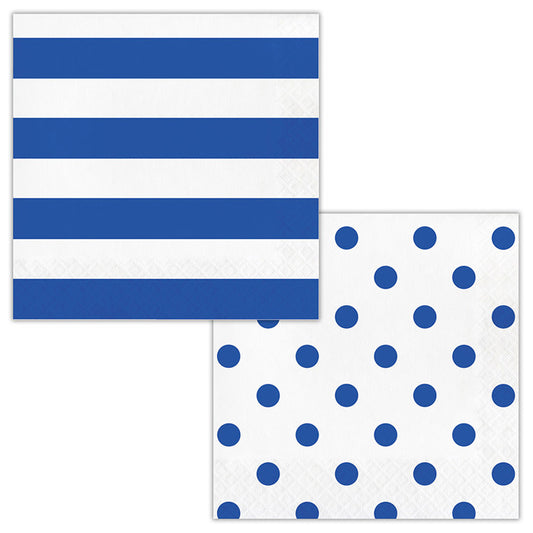 Cobalt Blue Polka Dots and Stripes Luncheon Napkins 192 ct