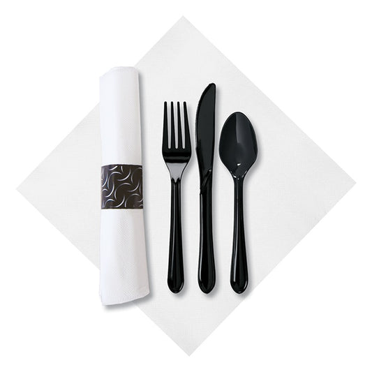 FashnPoint Crescent CaterWrap with Black Cutlery 100 ct