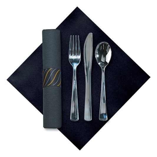 FashnPoint Gold & Silver Stripe CaterWrap with Metallic Cutlery 100 ct