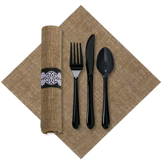 FashnPoint Natural Burlap Printed CaterWrap with Black Cutlery 100 ct