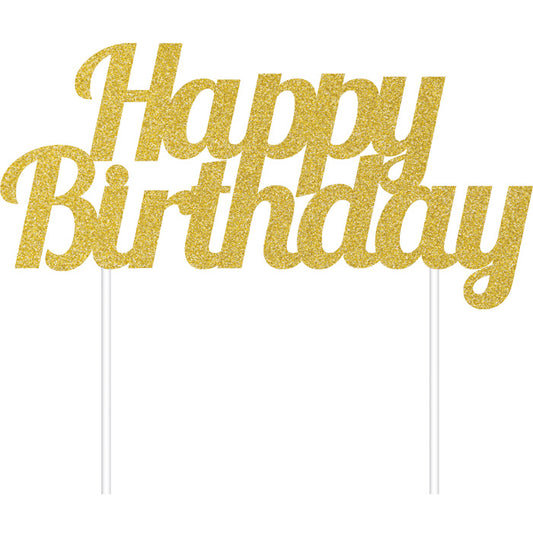 Gold Glitter Happy Birthday Cake Toppers 12 ct