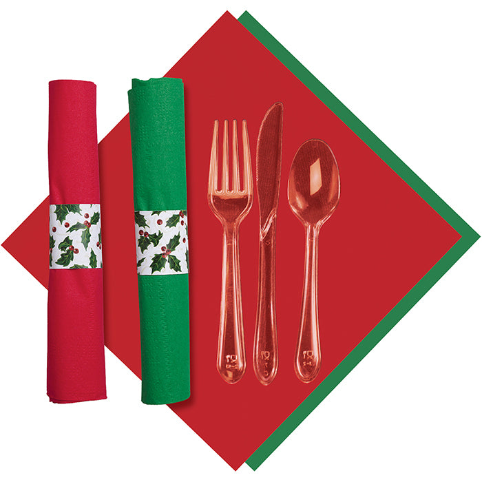 Holly CaterWrap with Red & Green Dinner Napkins & Clear Cutlery 100 ct