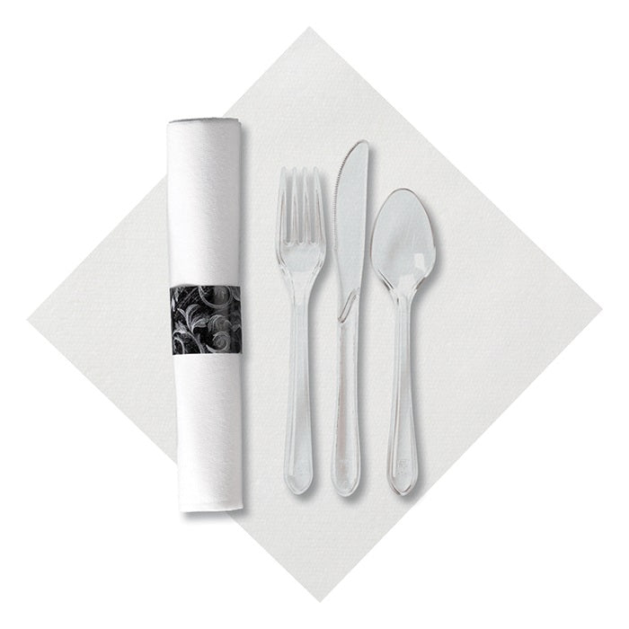 Linen-Like Damask CaterWrap with Clear Cutlery 100 ct