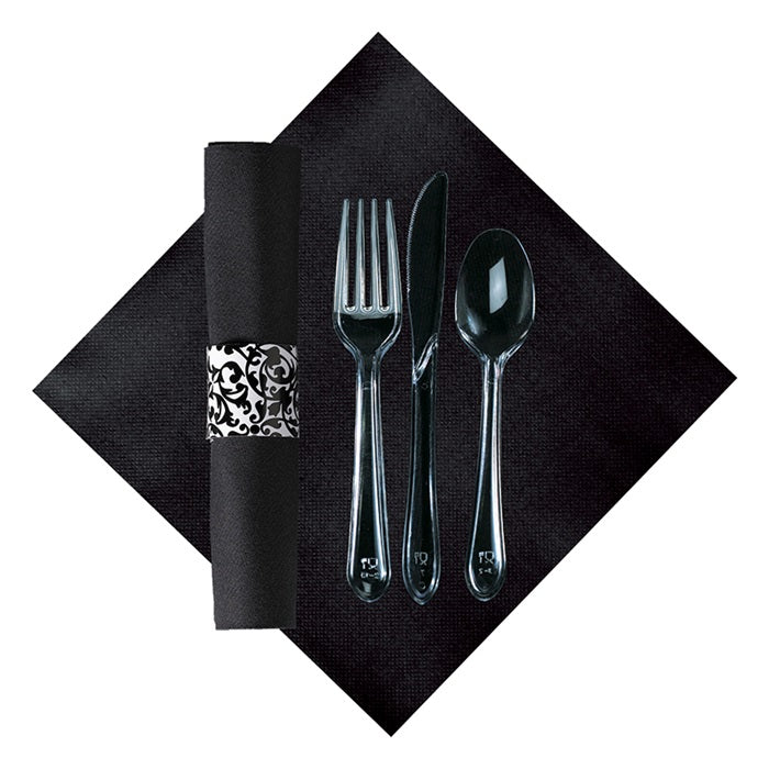 Linen-Like Ornate CaterWrap with Clear Cutlery 100 ct