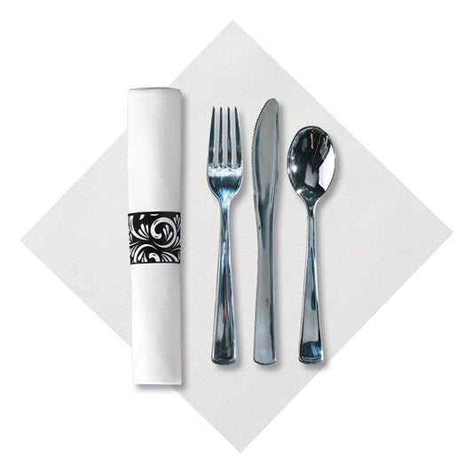 Linen-Like Scroll CaterWrap with Metallic Cutlery 100 ct