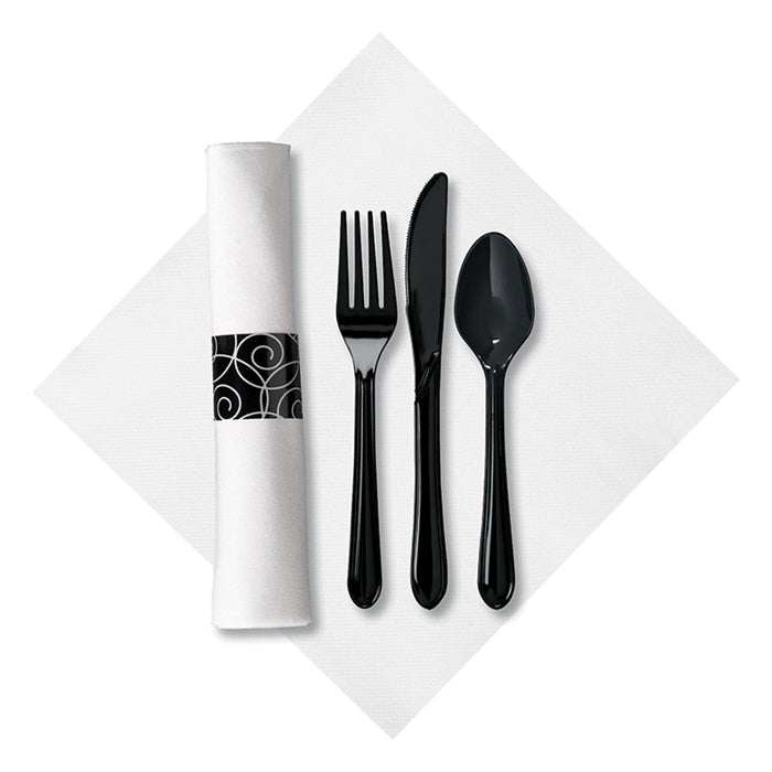 Linen-Like Silver Swirl CaterWrap with Black Cutlery 100 ct