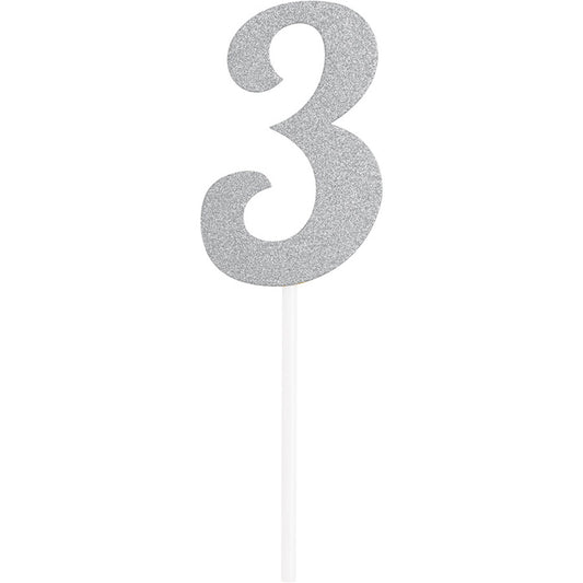 Number 3 Silver Glitter Cake Toppers 12 ct