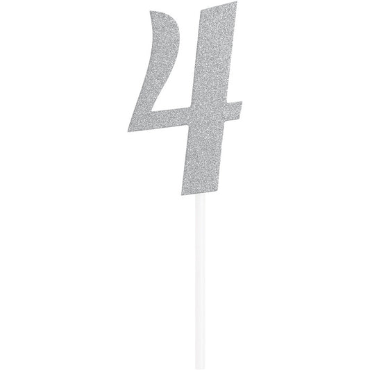 Number 4 Silver Glitter Cake Toppers 12 ct