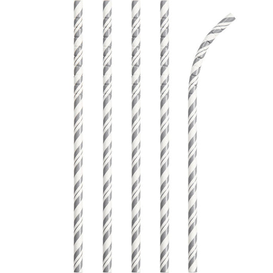 Silver and White Striped Flex Paper Straws 144 ct