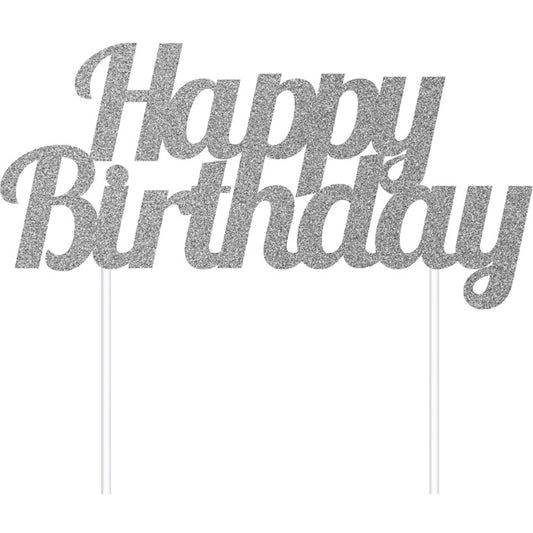 Silver Glitter Happy Birthday Cake Toppers 12 ct