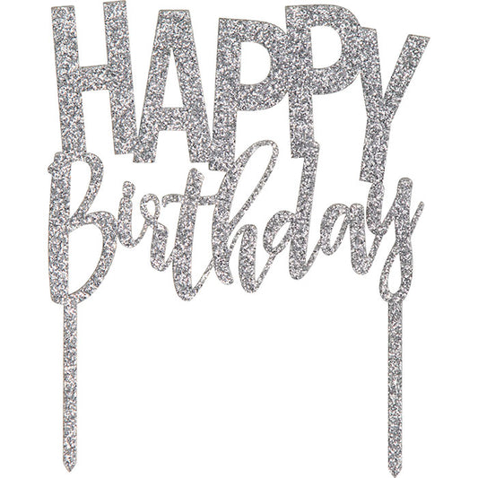 Silver Happy Birthday Cake Toppers 12 ct