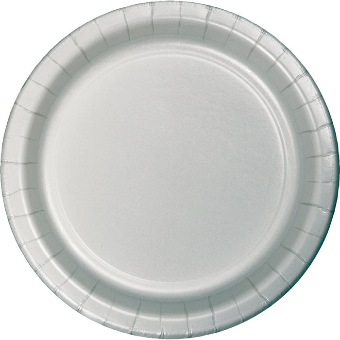 Value Friendly Shimmering Silver Paper Dessert Plates 96 ct