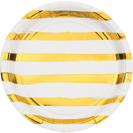 White and Gold Foil Striped Dinner Plates 96 ct